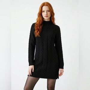 Women's Mock Neck Cable Knit Tunic Sweater - Black
